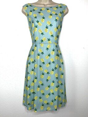 LA SOUL Baby Blue & Yellow PINEAPPLE Tie Back DRESS Pockets Cottagecore Spring